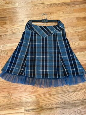 Tulle Blue Plaid Skater Skirt with Tulle Hem